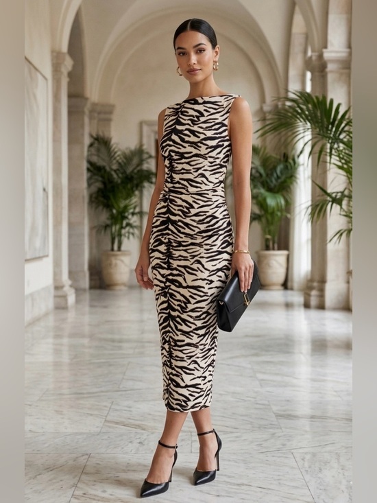 H&M Dresses & Skirts - H&M Midi Dress Zebra Print Size L Women’s Black and Cream NWT